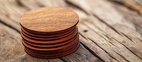 Circular wooden coaster template with stack of brown mockups on wood-textured surface.