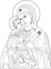 Vector sketch illustration design of old ethnic vintage painting of holy woman holding child