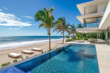 Fototapeta premium Luxurious beach house with pool and palms by the sea.