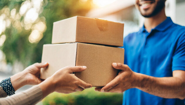 Delivery man's hands carefully present a parcel box, symbolizing reliable service and customer satisfaction in a dynamic, efficient, and trustworthy manner