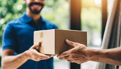 Delivery man's hands carefully present a parcel box, symbolizing reliable service and customer satisfaction in a dynamic, efficient, and trustworthy manner