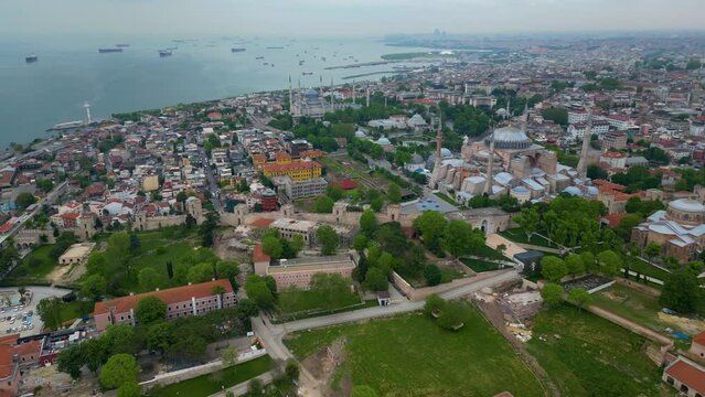 Blue Mosque, Hagia Sophia and Topkapi Palace aerial view from Bosporus Strait in Sultanahmet district in historic city of Istanbul, Turkey. Historic of Istanbul is a UNESCO World Heritage Site. 