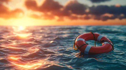 Keuken spatwand met foto S.O.S. Savior: Red Lifebuoy Floating, Signaling Hope in Crisis.  © touchedbylight