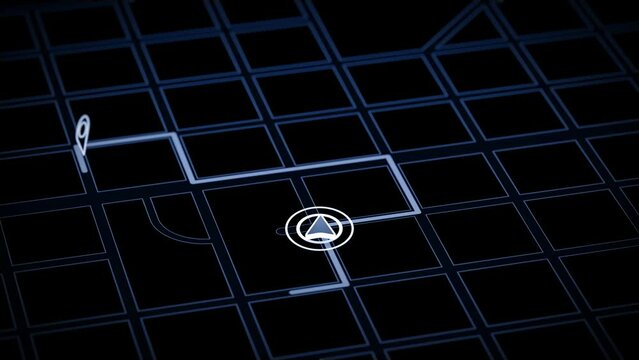GPS map navigation with direction route. Seamless loop. Black background.