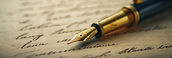 Fountain pen resting on handwritten document. Vintage style handwriting backgrounds with copy space.