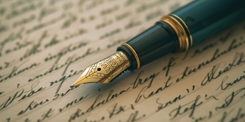 Fototapeta premium Fountain pen resting on handwritten document. Vintage style handwriting backgrounds with copy space.