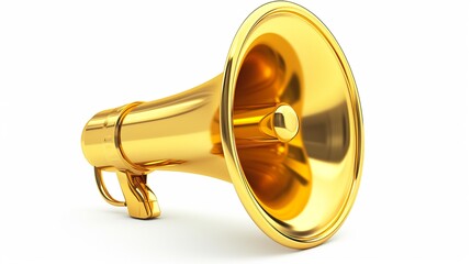 Obraz na płótnie Canvas Golden metal megaphone isolated on white background. 3d rendering of bullhorn, luxury loudspeaker isolated on white, copy space.
