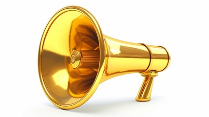 Golden metal megaphone isolated on white background. 3d rendering of bullhorn, luxury loudspeaker isolated on white, copy space.