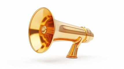 Golden metal megaphone isolated on white background. 3d rendering of bullhorn, luxury loudspeaker isolated on white, copy space.