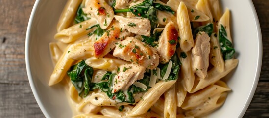 Top view of creamy sauce pasta penne with chicken and spinach.