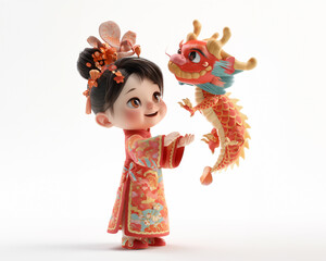 cute cartoon 3D baby chinese girl in pastel cheongsam together nearing Dragon - 725202156