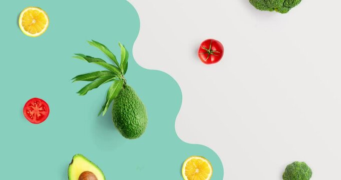 Creative animation made of tomato, avocado, lemon, cauliflower. Animation concept food. 