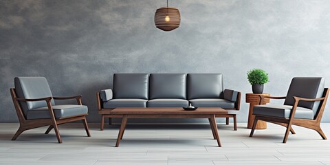 Modern furniture in a living room: table, sofa, and armchair.