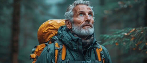 Gazing up at a deep, misty woodland with sunshine peeking through the trees, an elderly traveller with a grey beard and green jacket looks up.