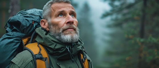 Obraz premium Gazing up at a deep, misty woodland with sunshine peeking through the trees, an elderly traveller with a grey beard and green jacket looks up.