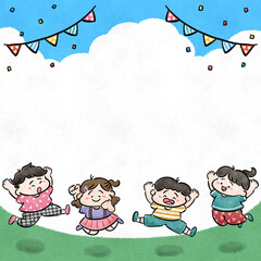 青空の下で元気よくジャンプする子供たち　手描きイラスト素材　背景
