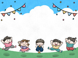 青空の下で元気よくジャンプする子供たち　手描きイラスト素材　背景