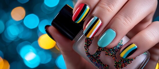 Close-up of a trendy and stylish nail art manicure showcasing colorful nails and a bottle of nail polish. - obrazy, fototapety, plakaty