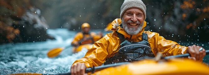 Having fun in a boat or kayak and snapping a photo while river rafting, an elderly white couple