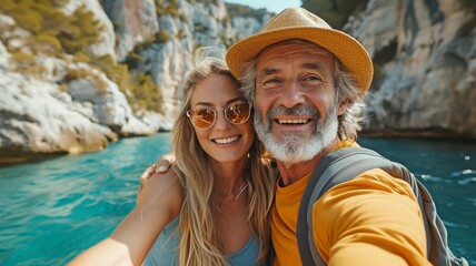 Having fun in a boat or kayak and snapping a photo while river rafting, an elderly white couple