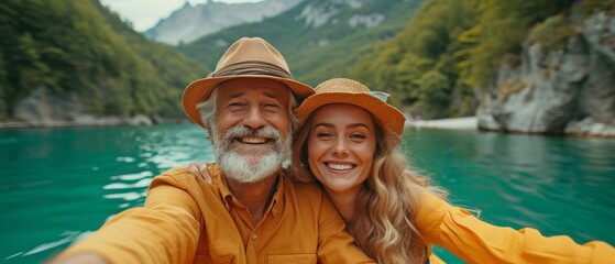 Having fun in a boat or kayak and snapping a photo while river rafting, an elderly white couple