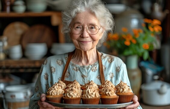 A platter of muffins or cupcakes is being held by an elderly Caucasian grandma in a home kitchen.