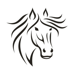 horse head outline logo designs, good for mascot, delivery, or logistics, logo industry, flat color style with black.
