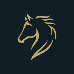 Poster Horse logo. Stallion emblem. Wild mustang rearing icon. Luxury equine estate brand identity. Gold equestrian label design. Vector illustration. © pervector
