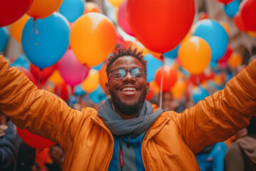 Emotive portrait of a patient cancer survivors celebrating, with raised arms and smiles