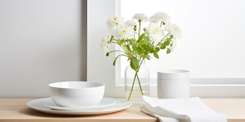 Fototapeta na wymiar Simplicity of Scandinavian interior with white dishes and details.