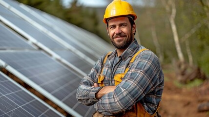 Obraz premium A masculine Latino engineer's image appears in the solar panel font.