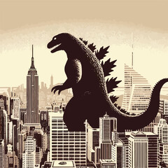 Vector illustration of godzilla in the city, sepia colors