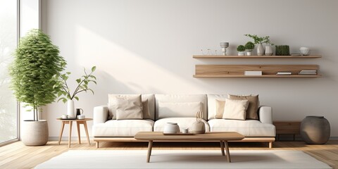 Minimalist living room interior design with space for personalization and stylish decor elements.