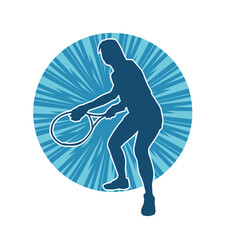 Silhouette of a female tennis player in action pose. Silhouette of a woman playing tennis sport with racket.