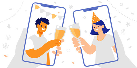 flat design Couple celebrate birthday or holiday event remote by internet. Meeting friends at online quarantine party. Female and male hands clink champagne glasses through smartphone screen. Vector i