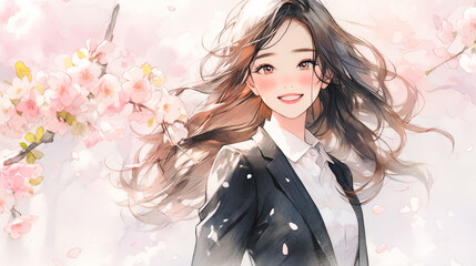 桜の背景にスーツ姿の若い女性の水彩イラスト
