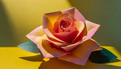 yellow rose.a lively and colorful origami rose against a sunny yellow background. Capture the delicacy of the paper folds and ensure the vivid colors stand out against the warmth of the yellow.