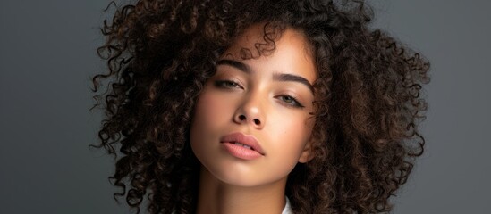 Stunning young lady with curly hair and professional makeup on a gray backdrop.