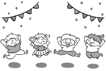元気よくジャンプする子供たち　手描きイラスト素材　線画