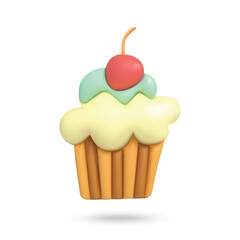 3D cupcake on white background. Plasticine cartoon style icon. Vector illustration design.
