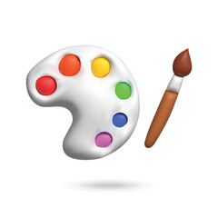 3D paint brush with palette on white background. Plasticine cartoon style icon. Vector illustration design.