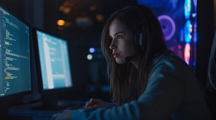 Female programmer working on computer at night. IT woman typing software code, developing game or mobile app. Student girl studying in dark room. Remote job, freelance.