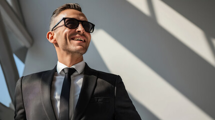 envision a distinguished businessman standing confidently with a smiling face, stylish sunglasses,white background, formal dress and sunglasses,charisma and success,photography