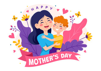 Happy Mother Day Vector Illustration of Affection for Baby and Kids from Mothers with Flower and Gift Concept in Flat Cartoon Background Design