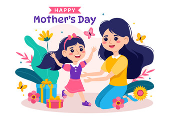 Happy Mother Day Vector Illustration of Affection for Baby and Kids from Mothers with Flower and Gift Concept in Flat Cartoon Background Design