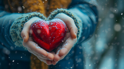 A gentle hand holds a red heart It is a symbol of love, care and celebration on Valentine's Day. Romantic gestures of giving and loving relationships in life.