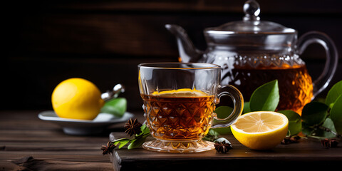 A cup of hot tea Refreshing lemonade with mint and ice in a jug on a wooden table.