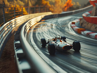 Fast moving generic race car racing down the track with motion blur. Motor sports competitive...