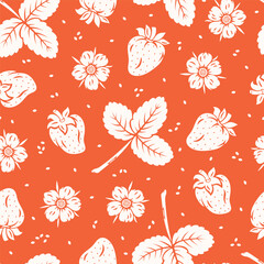 Strawberries Seamless Pattern. Berry, Leaf and Flower of Strawberry. Berries Red Background. Fruit Wallpaper.  Vector Illustration