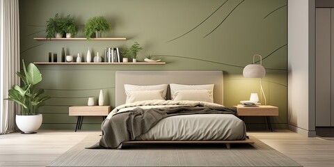 Beige and olive colored interior in a roomy bedroom.